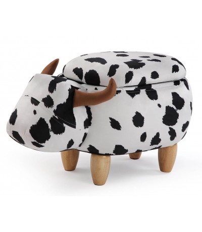 Puf baúl animal print vaca con almacenaje y patas madera