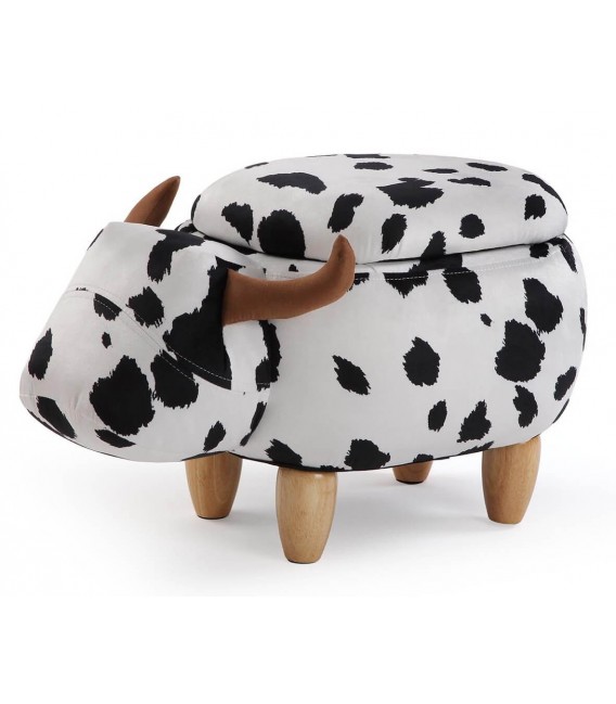 Puf baúl animal print vaca con almacenaje y patas madera