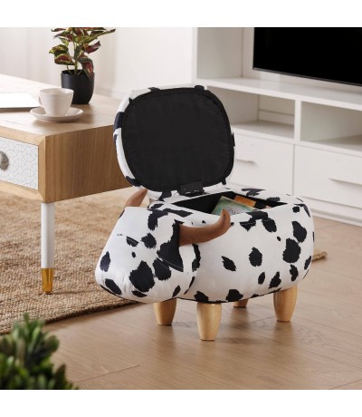 Puf baúl animal print vaca con almacenaje y patas madera Mdmhogar