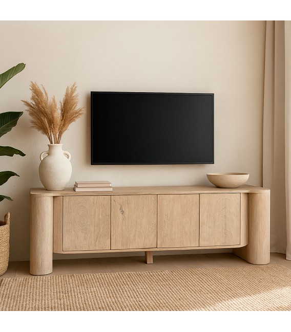 Mueble TV de madera de mango natural cuatro puertas estilo boho mdmhogar