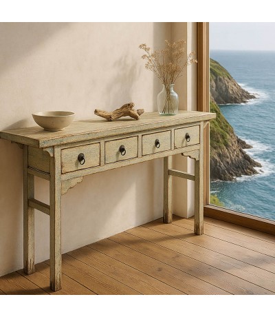 Consola entrada madera olmo crema cuatro cajones estilo oriental mdmhogar