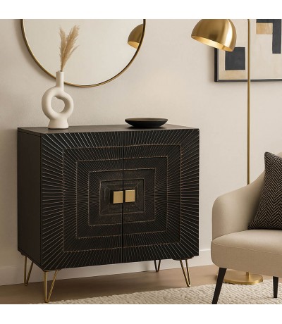 Aparador industrial madera de mango en negro con puertas talladas mdmhogar