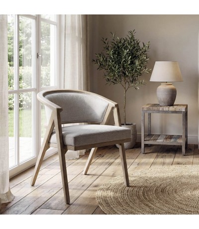 Sillón comedor cómodo madera fresno y tela gris claro estilo Boho Mdmhogar
