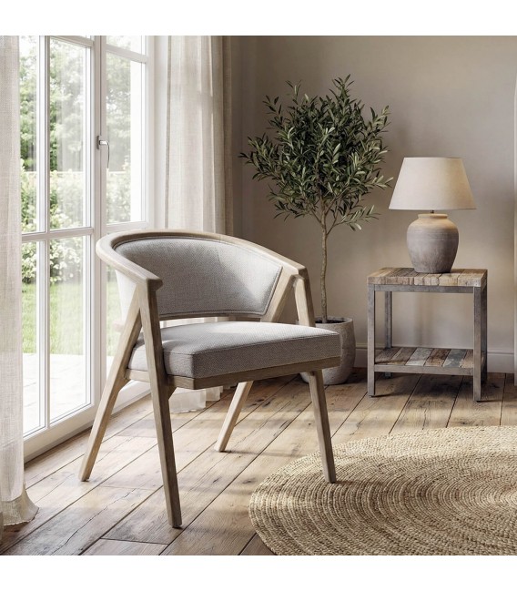 Sillón comedor cómodo madera fresno y tela gris claro estilo Boho Mdmhogar