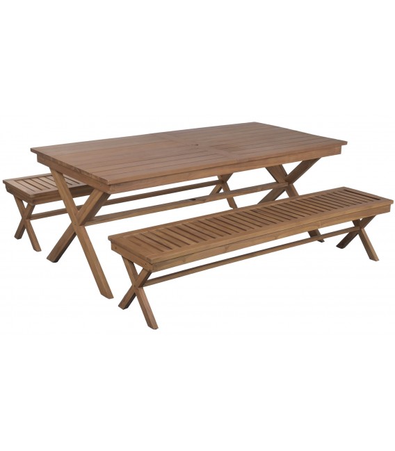 Conjunto exterior mesa y bancos madera teca estilo colonial
