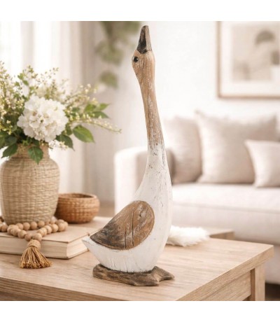 Figura decorativa ave madera reciclada blanca estilo boho Mdmhogar