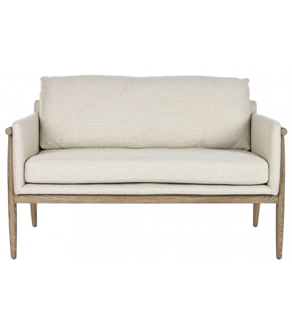 Sofá pequeño madera fresno y tela chenilla cruda estilo boho 1