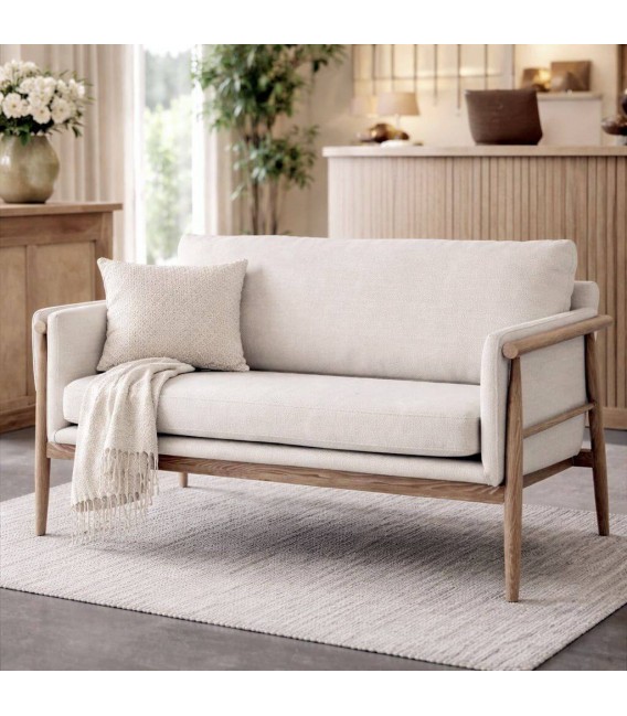 Sofá pequeño madera fresno y tela chenilla cruda estilo boho Mdmhogar