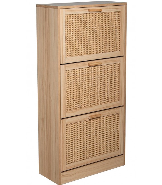 Zapatero de madera y ratán estilo boho chic con tres puertas