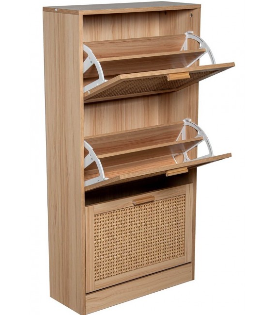 Zapatero de madera y ratán estilo boho chic con tres puertas 1