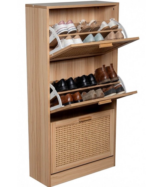 Zapatero de madera y ratán estilo boho chic con tres puertas 5