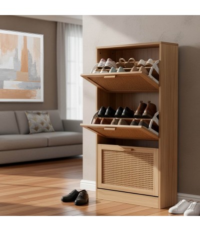 Zapatero de madera y ratán estilo boho chic con tres puertas mdmhogar
