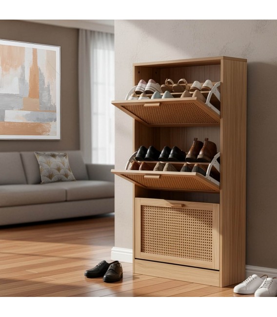 Zapatero de madera y ratán estilo boho chic con tres puertas mdmhogar