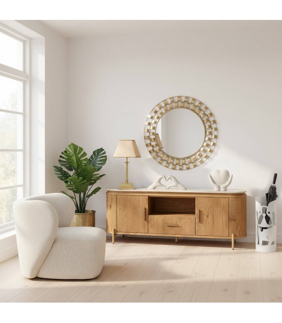 Mueble de TV de madera de roble y mármol estilo boho dos puertas mdmhogar