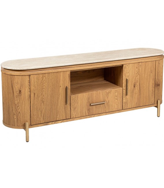 Mueble de TV de madera de roble y mármol estilo boho dos puertas 1