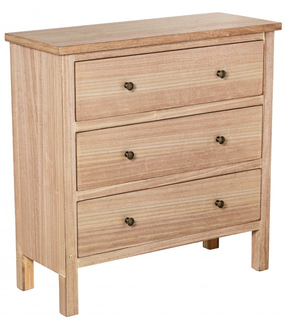 Cómoda madera nogal claro tres cajones estilo boho artesanal 1