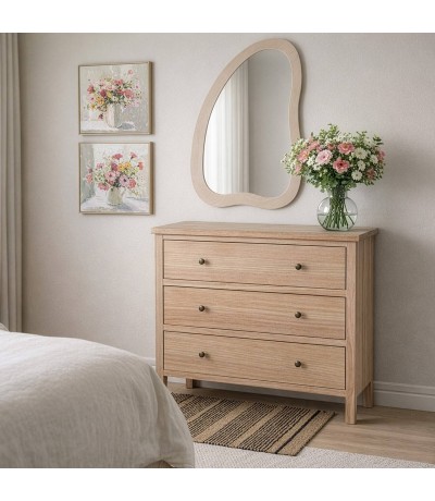 Cómoda madera nogal claro tres cajones estilo boho artesanal mdmhogar