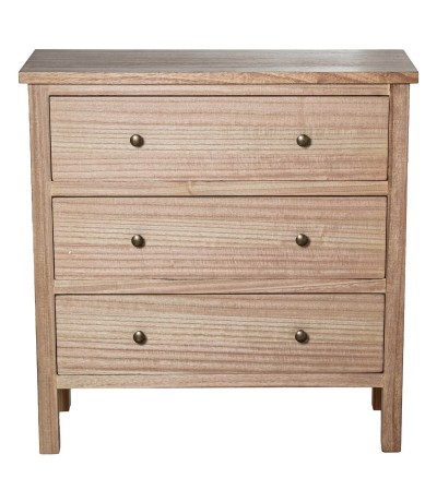Cómoda madera nogal claro tres cajones estilo boho artesanal