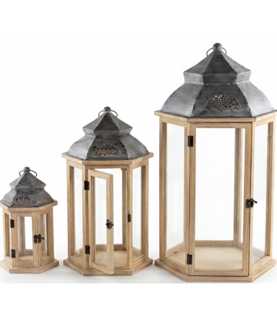 Set 3 faroles madera y metal estilo clásico decorativo artesanal