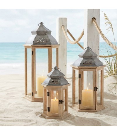 Set 3 faroles madera y metal estilo clásico decorativo artesanal mdmhogar