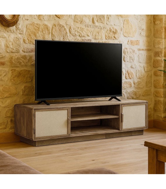 Mueble de TV madera mango y yute estilo boho natural elegante mdmhogar