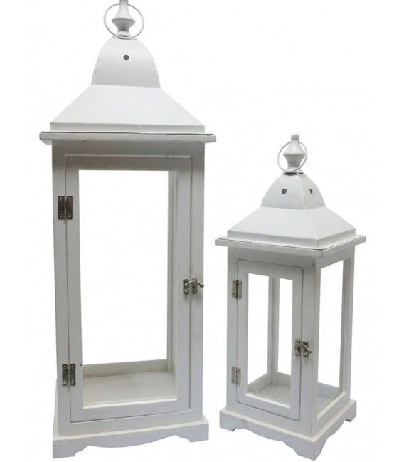 Set 2 faroles madera y metal blanco estilo ibicenco decorativo