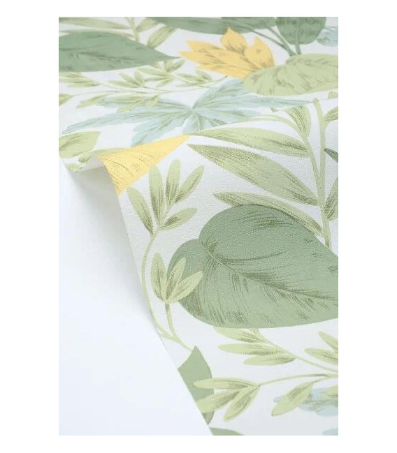 Papel pintado vinilico tropical verde y amarillo estilo colonial 3