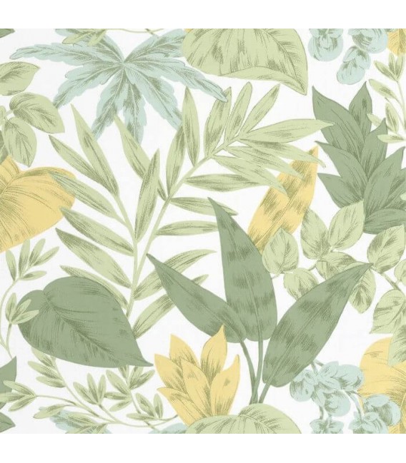 Papel pintado vinilico tropical verde y amarillo estilo colonial 2