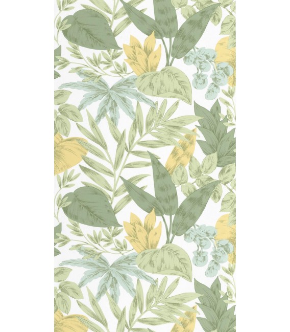 Papel pintado vinilico tropical verde y amarillo estilo colonial 1