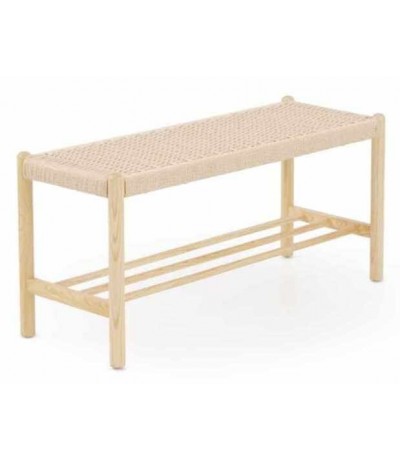 Banco pie cama madera fresno natural cuerda trenzada estilo boho