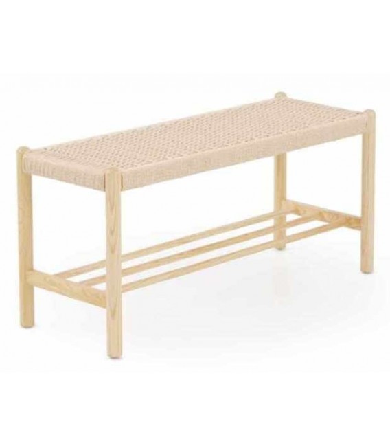Banco pie cama madera fresno natural cuerda trenzada estilo boho