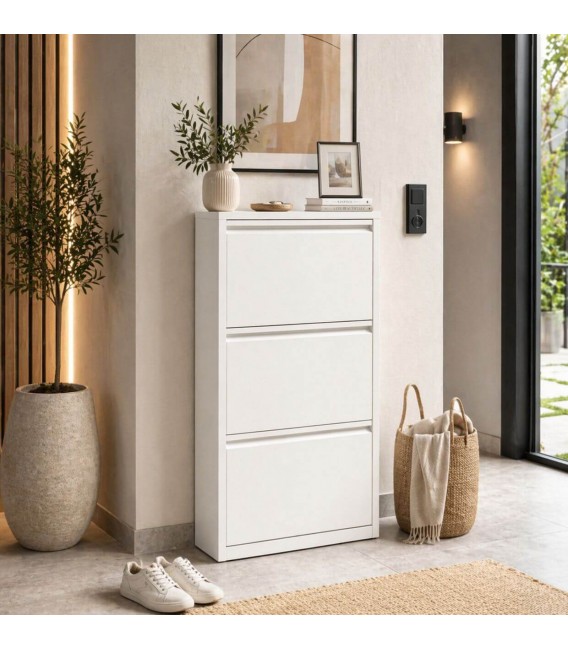 Zapatero metal blanco estrecho 3 puertas estilo moderno compacto Mdmhogar