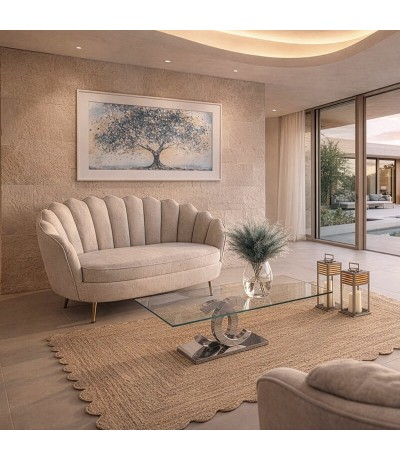 Sofá 2 plazas beige pequeño con patas doradas estilo art deco Mdmhogar