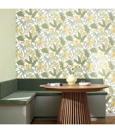 Papel pintado vinilico tropical verde y amarillo estilo colonial