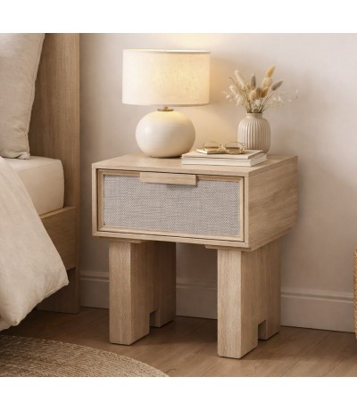 Mesita de noche oriental madera mango ratán un cajón natural  mdmhogar