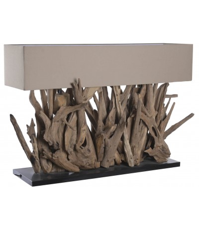 Lámpara de sobremesa madera de teca boho pantalla crema natural