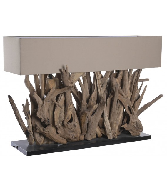 Lámpara de sobremesa madera de teca boho pantalla crema natural