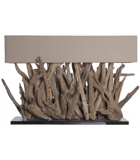Lámpara de sobremesa madera de teca boho pantalla crema natural 2