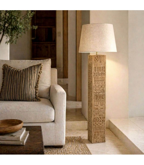 Lámpara de pie madera maciza tallada pantalla lino beige estilo boho Mdmhogar