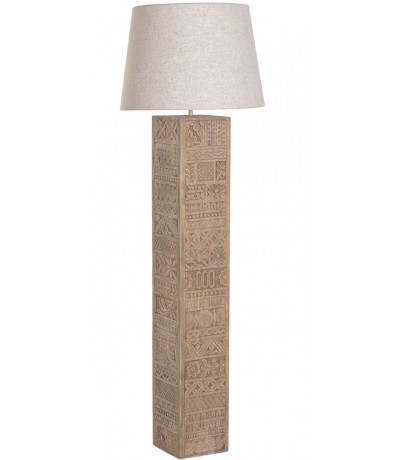 Lámpara de pie madera maciza tallada pantalla lino beige estilo boho
