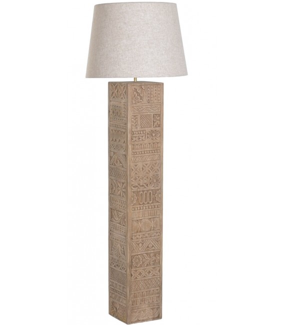 Lámpara de pie madera maciza tallada pantalla lino beige estilo boho