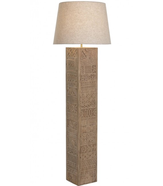Lámpara de pie madera maciza tallada pantalla lino beige estilo boho 1