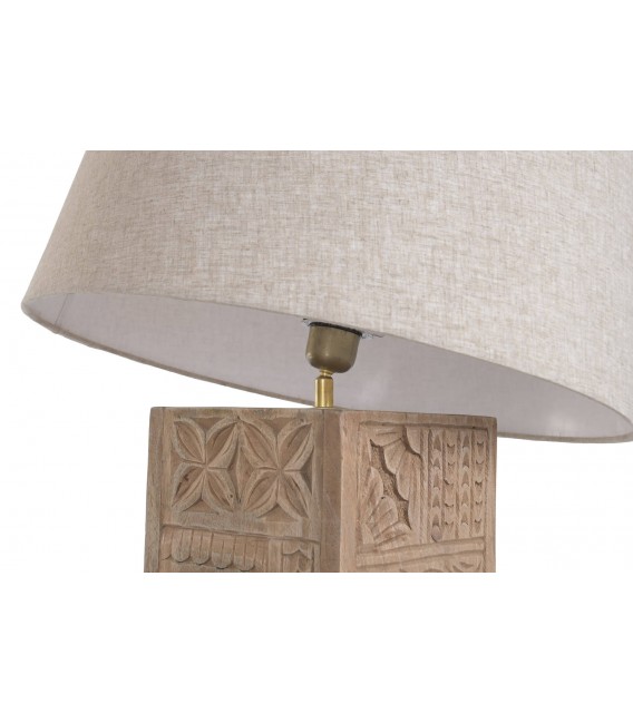 Lámpara de pie madera maciza tallada pantalla lino beige estilo boho 2