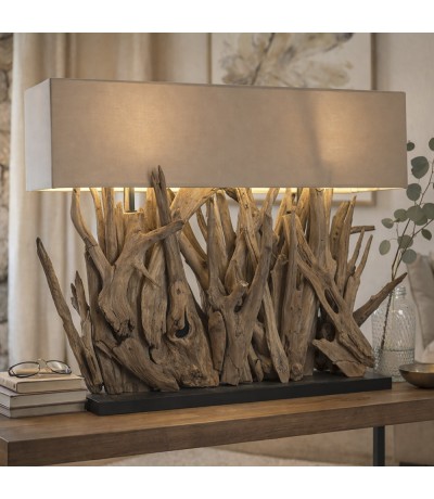 Lámpara de sobremesa madera de teca boho pantalla crema natural mdmhogar