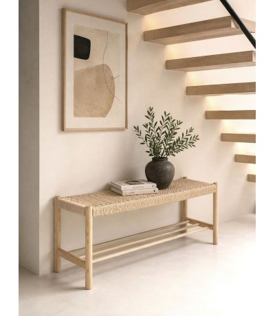 Banco pie cama madera fresno natural cuerda trenzada estilo boho Mdmhogar