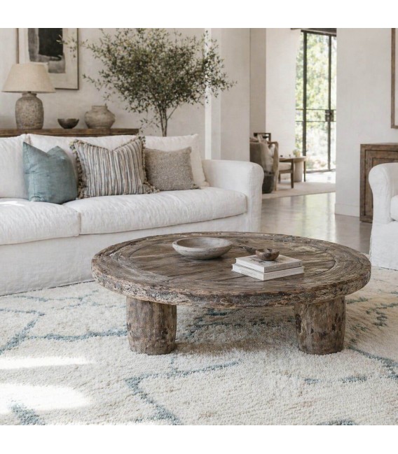 Mesa de centro teca maciza redonda grande estilo boho rústica Mdmhogar