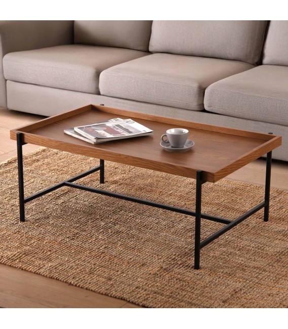 MESA DE CENTRO RECTANGULAR 100 X 60 X 40 NERNER METAL NEGRO MADERA ROBLE TOSTADO
