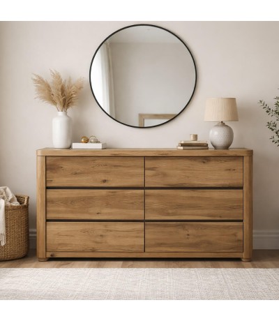 Cómoda madera reciclada nogal seis cajones estilo boho natural mdmhogar