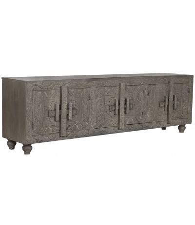 Mueble TV madera maciza gris étnico con seis puertas artesanal