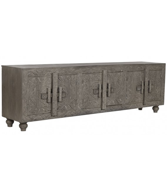 Mueble TV madera maciza gris étnico con seis puertas artesanal